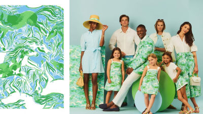 Group of people wearing green and blue printed outfits