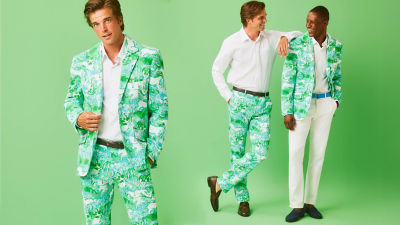 Men wearing green and blue printed outfits