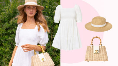 Woman wearing a short white dress and a straw hat