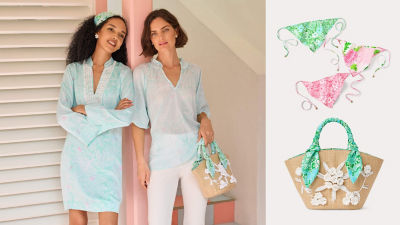 Woman in a blue dress and a woman in a blue shirt and white pants