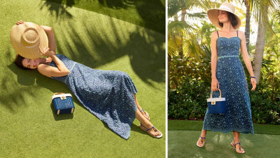 Women wearing navy midi dress