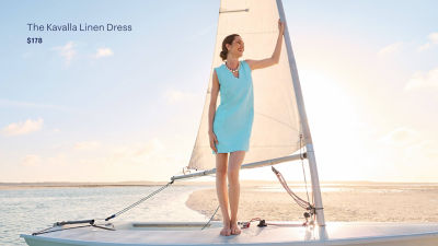 Woman in a blue linen dress