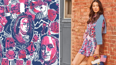 Woman wearing a red white and blue printed outfit