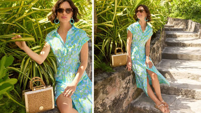 Women wearing blue printed midi dress