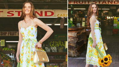 Woman wearing a white and yellow long printed dress