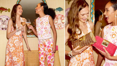 Women wearing orange and white printed outfits