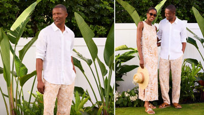 Man and woman wearing tan and white outfits