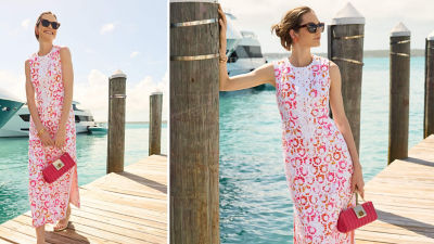 Woman wearing a long pink printed dress