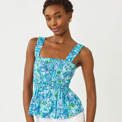 Woman wearing a blue printed top