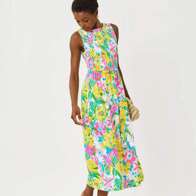 Women wearing a long printed dress