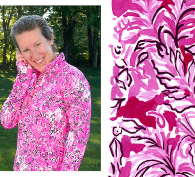 Lilly Pulitzer standing in Palm Beach, FL store with a mannequin